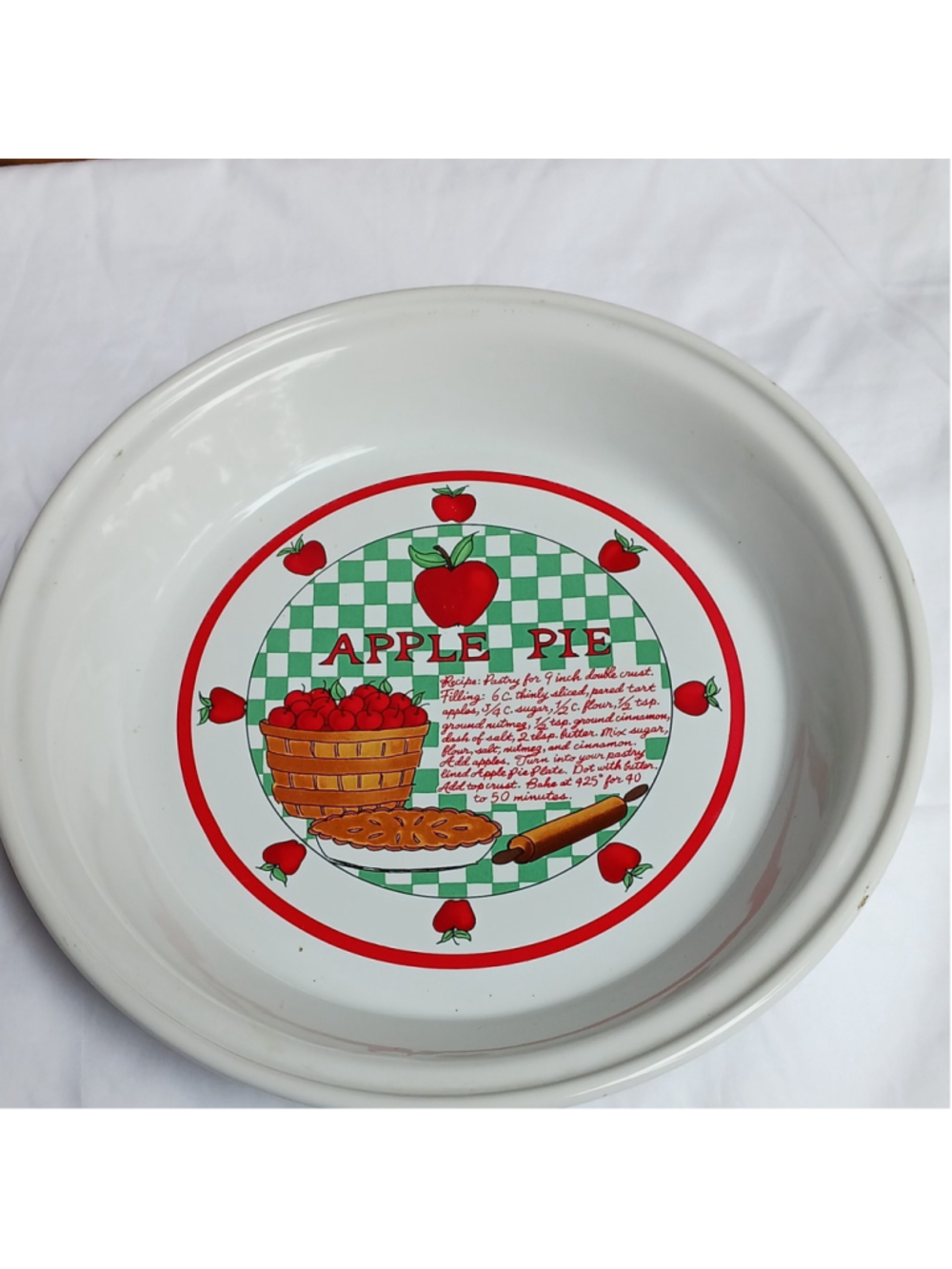 VTG Ceramic Apple Pie Recipe Pie Dish Plate 9" Round baking fall kitch orchard